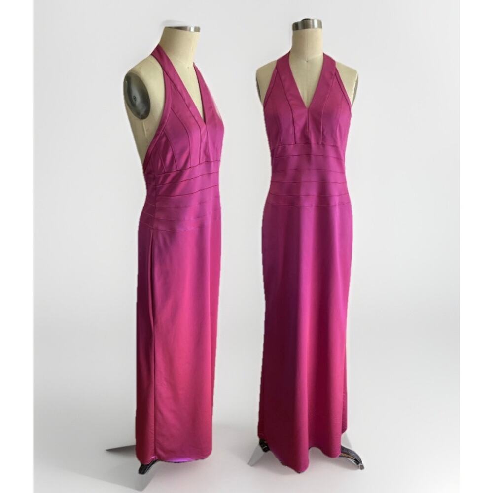 90s Y2K Sz 12 Papell Boutique Hot Pink Satin Halter Maxi Gown Dress Formal Prom